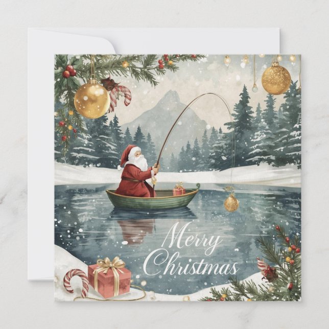 Tarjeta Festiva Fishing Christmas with Santa Claus in the Winter (Anverso)