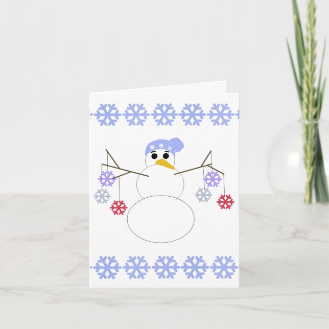 Tarjeta Festiva Flakey Snowman con adornos de copo de nieve (Anverso)