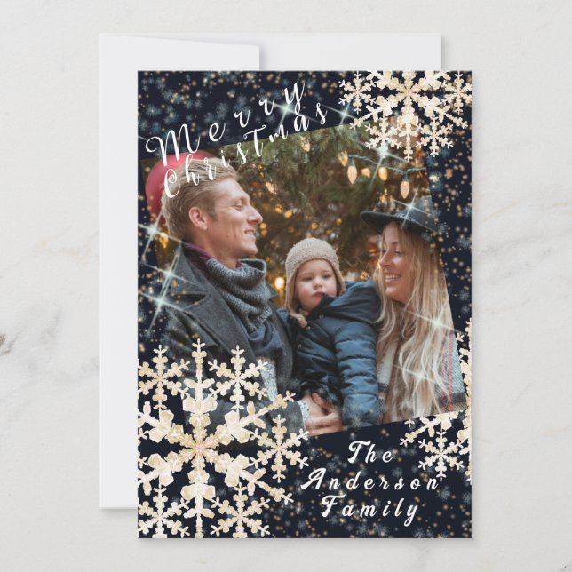 Tarjeta Festiva Flama de nieve foto oro negro (Anverso)