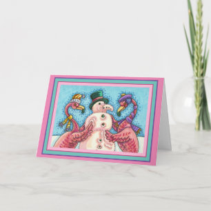 TARJETA FESTIVA FLAMENCOS ROSADOS HACEN MUÑECO DE NIEVE, AVES DIVE