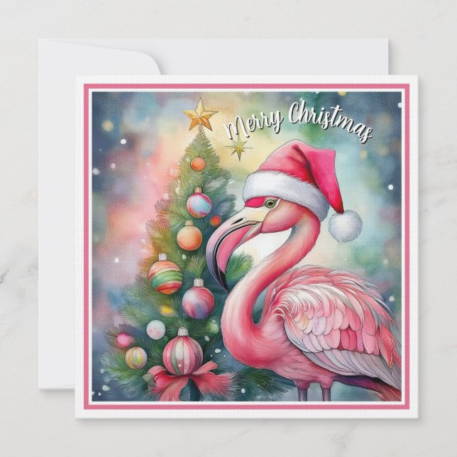 Tarjeta Festiva Flamingo Christmas watercolor flat card (Anverso)