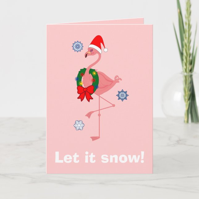 Tarjeta Festiva Flamingo con Santa Hat y Wreath (Anverso)