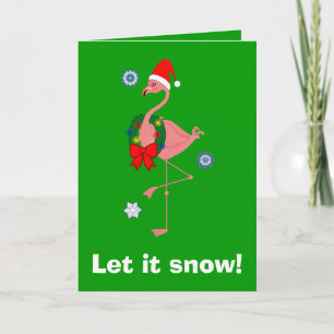 Tarjeta Festiva Flamingo con Santa Hat y Wreath en verde