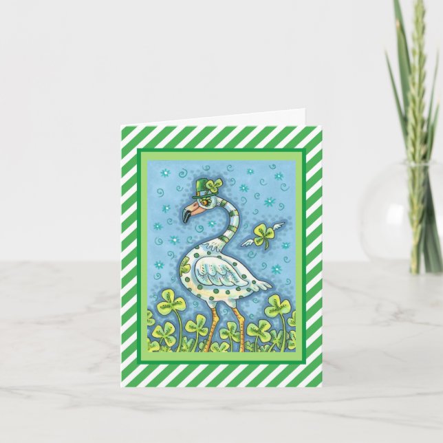 TARJETA FESTIVA FLAMINGO DE PUNTO DE POLKA VERDE, FUNNY ST. EL DÍA (Anverso)