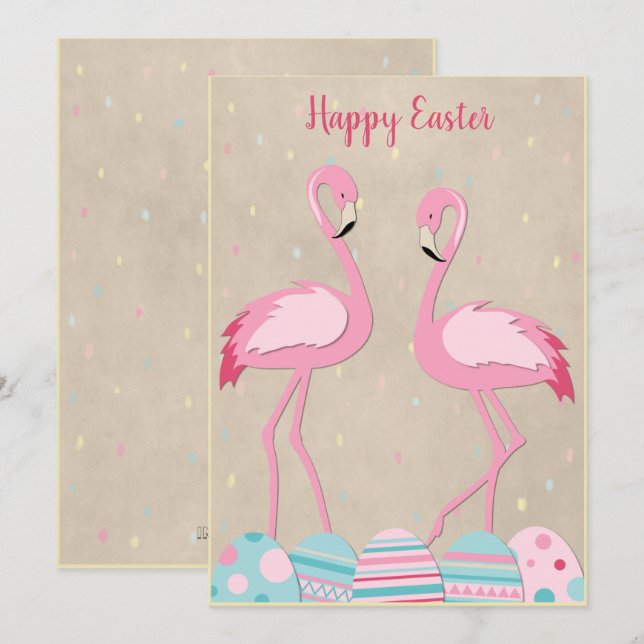 Tarjeta Festiva Flamingo de Semana Santa y huevos pintados (Anverso / Reverso)