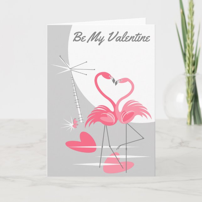 Tarjeta Festiva Flamingo Love Large Moon Be my Valentine (Anverso)