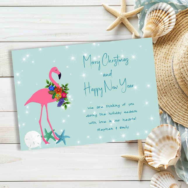 Tarjeta Festiva Flamingo Merry Christmas Message Flat Holiday Card (Subido por el creador)