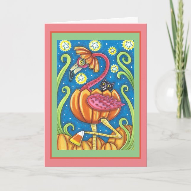 TARJETA FESTIVA FLAMINGO ROJO DE HALLOWEEN Y GATO NEGRO EN PUMPKIN (Anverso)