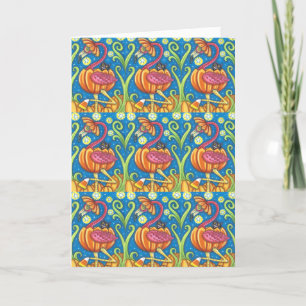 TARJETA FESTIVA FLAMINGO ROSA DE HALLOWEEN Y GATO NEGRO EN CALABAZ