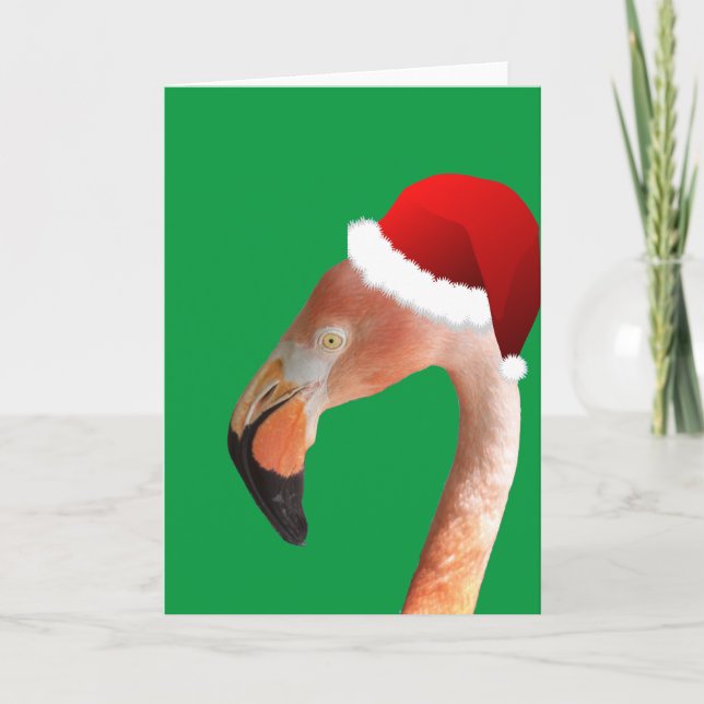Tarjeta Festiva Flamingo rosa en el personalizado rojo Santa hat (Anverso)