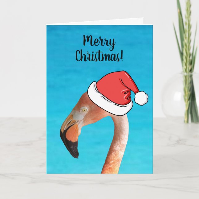 Tarjeta Festiva Flamingo rosa en el personalizado rojo Santa hat (Anverso)