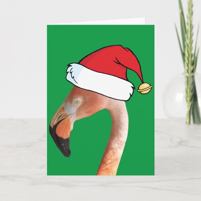 Tarjeta Festiva Flamingo rosa en el personalizado rojo Santa hat (Anverso)