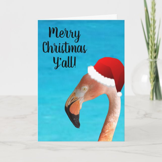 Tarjeta Festiva Flamingo rosa en el personalizado rojo Santa hat (Anverso)