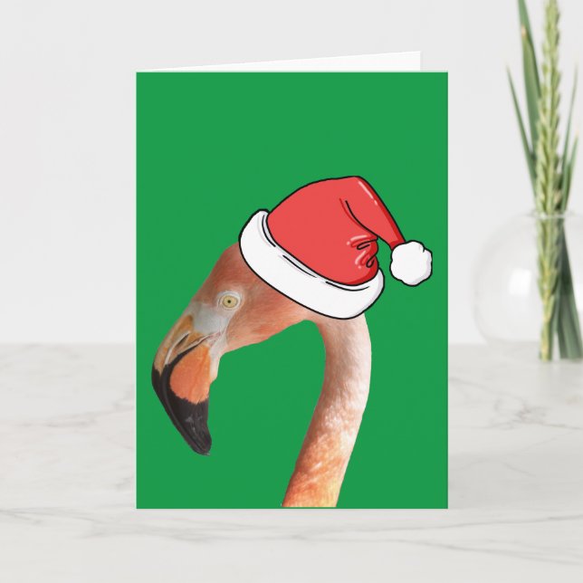 Tarjeta Festiva Flamingo rosa en el personalizado rojo Santa hat (Anverso)