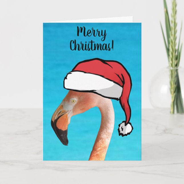 Tarjeta Festiva Flamingo rosa en Navidades de Santa hat, personali (Anverso)