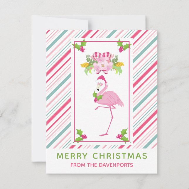 Tarjeta Festiva Flamingo rosa Santa Hat Candy Canes y Holly (Anverso)