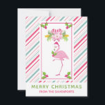 Tarjeta Festiva Flamingo rosa Santa Hat Candy Canes y Holly<br><div class="desc">Una tarjeta de vacaciones para navidades festivos - de estilo plano. Un bastón de caramelo rosa y verde resbaló el fondo. Encaramado encima de la superficie, hay un flamingo rosado elegante con una pierna levantada. Con un sombrero rosado de santa y un hueco estacional. Los rincones también están decorados con...</div>