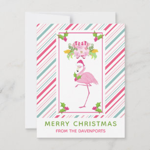 Tarjeta Festiva Flamingo rosa Santa Hat Candy Canes y Holly