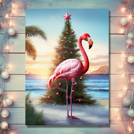 Tarjeta Festiva Flamingo rosa y playa tropical de árboles de Navid