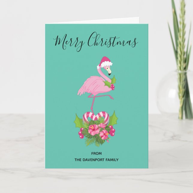 Tarjeta Festiva Flamingo rosado en Santa Hat con Candy Cane Bouque (Anverso)
