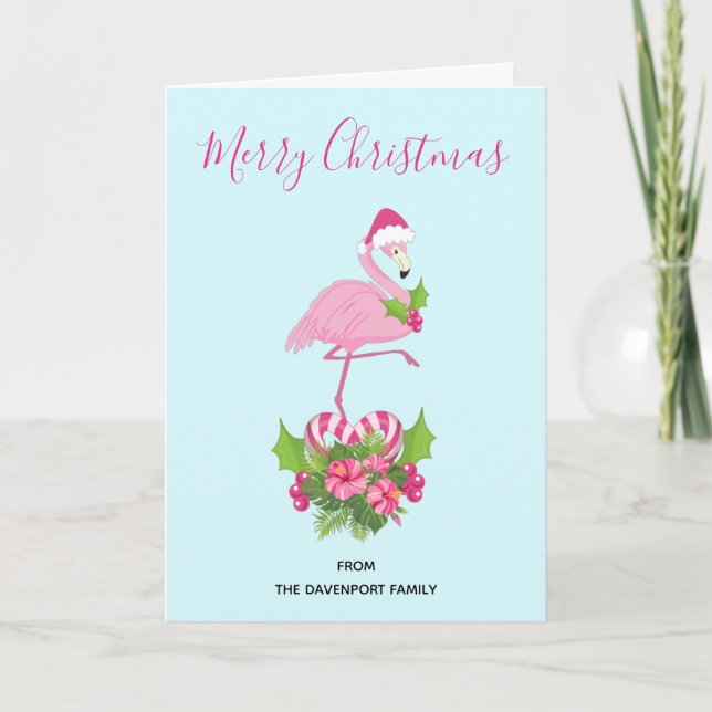 Tarjeta Festiva Flamingo rosado en Santa Hat con Candy Cane Bouque (Anverso)