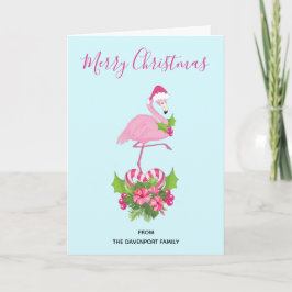 Tarjeta Festiva Flamingo rosado en Santa Hat con Candy Cane Bouque