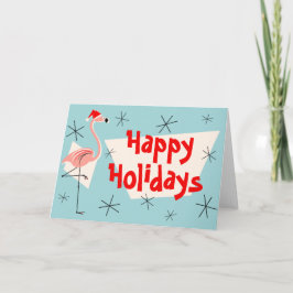 Tarjeta Festiva Flamingo Santa Blue Happy Holidays front