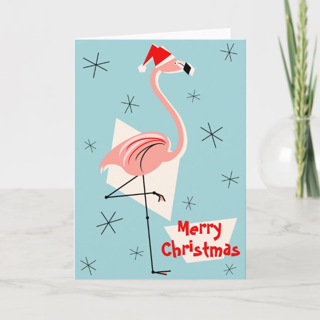 Tarjeta Festiva Flamingo Santa Blue Merry Christmas (Anverso)