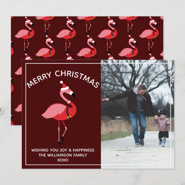 Tarjeta Festiva Flamingo Santa Burgundy Photo Navidades (Anverso / Reverso)