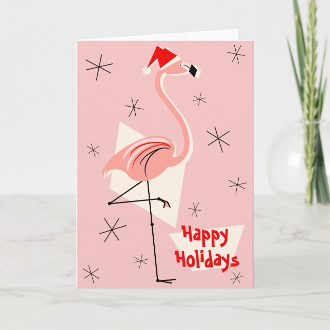 Tarjeta Festiva Flamingo Santa Pink Felices Fiestas (Anverso)