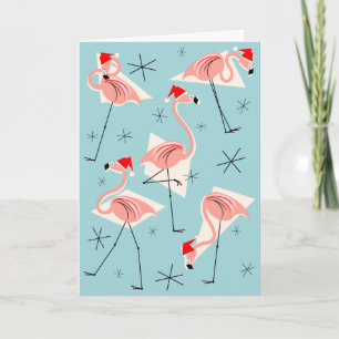 Tarjeta Festiva Flamingo Santas Blue Happy Holidays