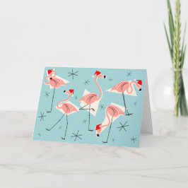 Tarjeta Festiva Flamingo Santas Blue Happy Holidays horizontal