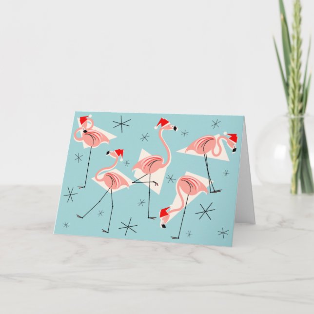 Tarjeta Festiva Flamingo Santas Blue Happy Holidays horizontal (Anverso)