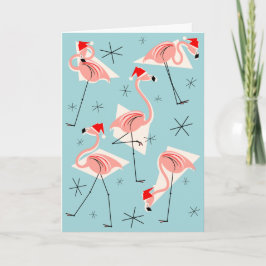 Tarjeta Festiva Flamingo Santas Blue Merry Christmas