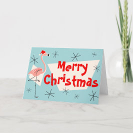 Tarjeta Festiva Flamingo Santas Blue Merry Christmas front