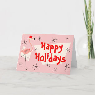 Tarjeta Festiva Flamingo Santas Pink Happy Holidays front