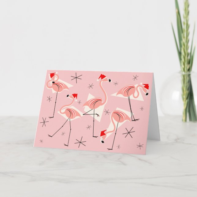 Tarjeta Festiva Flamingo Santas Pink Happy Holidays horizontal (Anverso)
