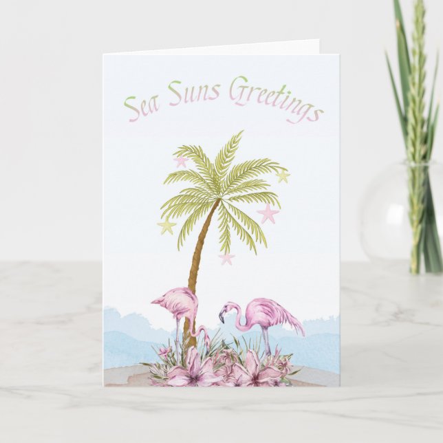 Tarjeta Festiva Flamingo Sea Suns Saludando a los Navidades (Anverso)