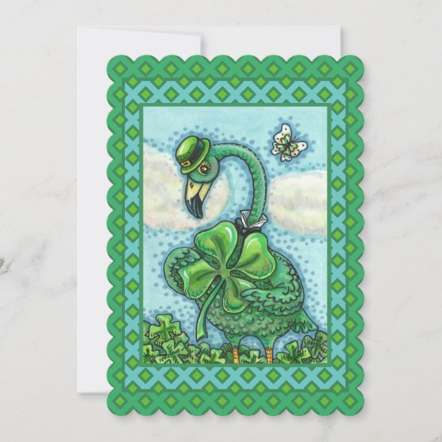 Tarjeta Festiva FLAMINGO VERDE IRLANDÉS, FELIZ SAN. Llanto DEL DÍA (Anverso)
