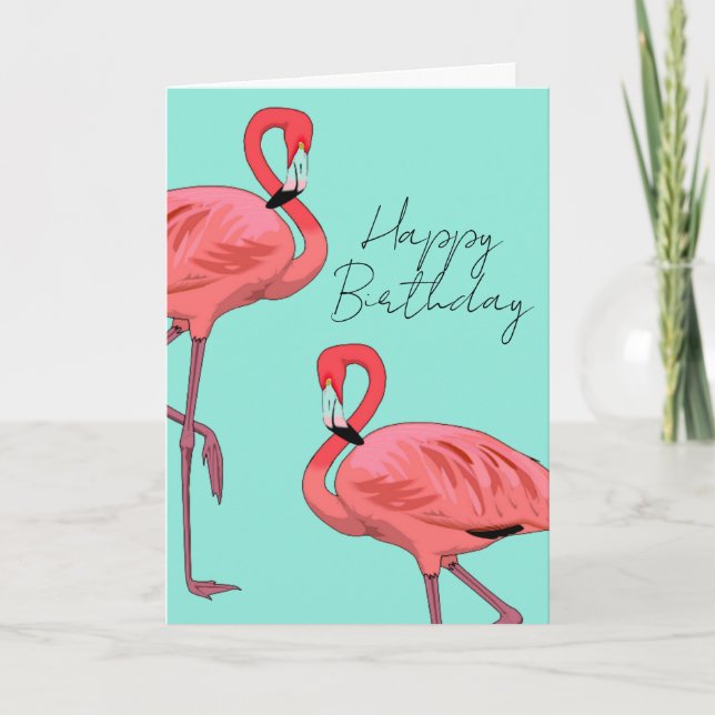 Tarjeta Festiva Flamingos rosados y cálidos deseos de cumpleaños (Anverso)