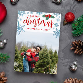 Tarjeta Festiva Flauta de nieve azul holly rojo Fotos navideñas