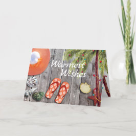 Tarjeta Festiva Flip Flops, Palm Tree, Navidades Lights Beach