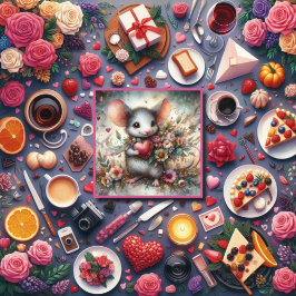 Tarjeta Festiva Flor de color de agua de ratón Bouquet Heart Valen