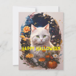 Tarjeta Festiva Flor de gato blanco Feliz Halloween Magic