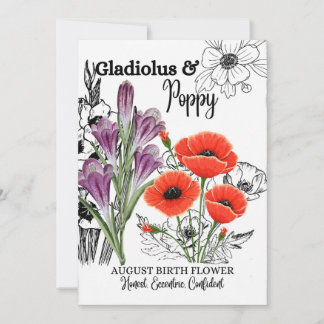 Tarjeta Festiva Flor de nacimiento, agosto, Gladiolus, amapola, cu