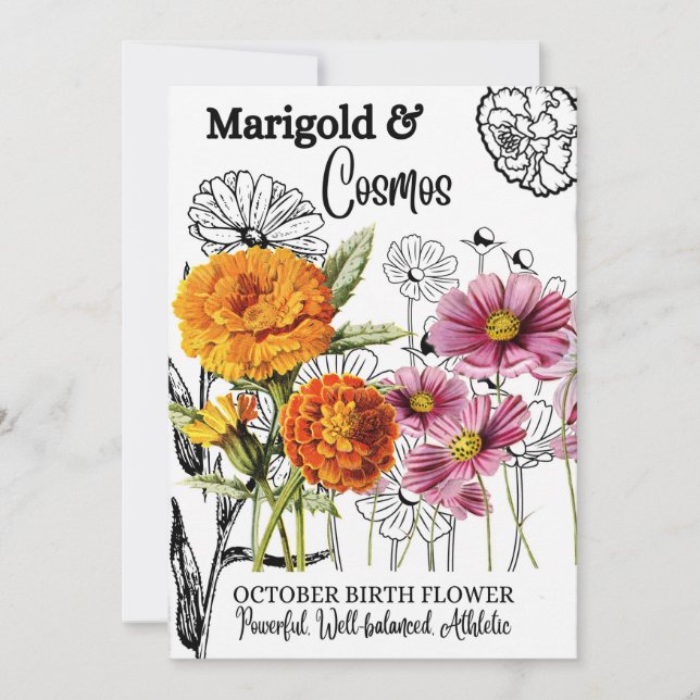 Tarjeta Festiva Flor de nacimiento, octubre, Marigold, Cosmos, cum (Anverso)