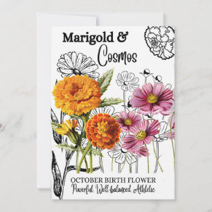 Tarjeta Festiva Flor de nacimiento, octubre, Marigold, Cosmos, cum