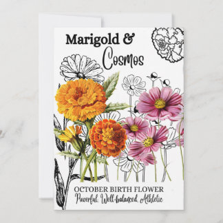 Tarjeta Festiva Flor de nacimiento, octubre, Marigold, Cosmos, cum