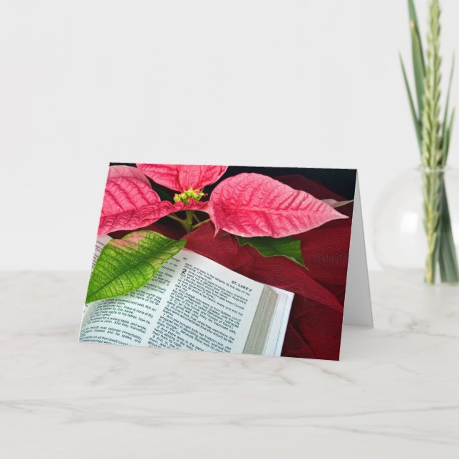 Tarjeta Festiva Flor de poinsettia roja en la Biblia (Anverso)