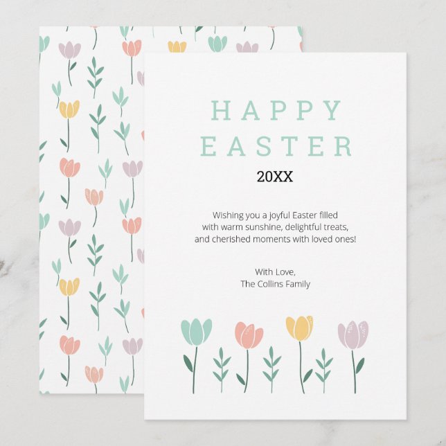 Tarjeta Festiva Flor de Tulipanes Verde Floral Feliz Pascua (Anverso / Reverso)